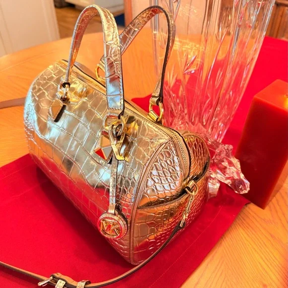 Michael Kors Grayson Metallic Gold Croc Embossed Leather Satchel, Tote EUC - Picture 9 of 13